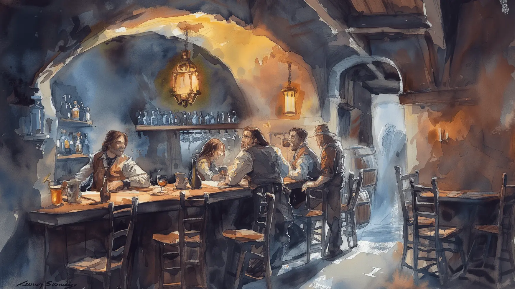 A watercolor painting of a tavern with humans drinking in the background