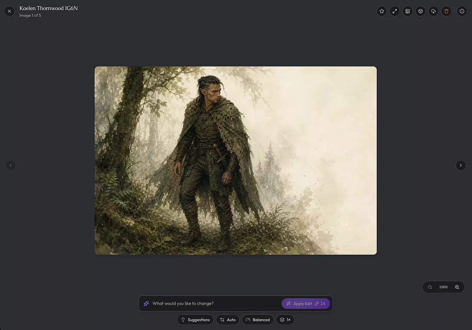 The artwork viewer open on Kaelen's full-body trail shot, with the Make miniature action visible
