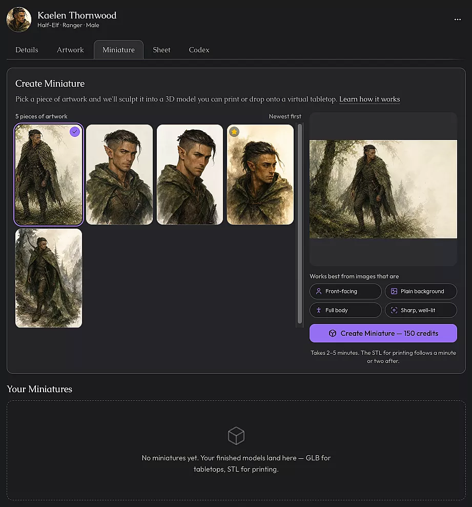 The Miniature tab open on Kaelen's Studio, artwork grid showing both his images with the full-body trail shot selected