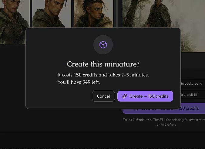 The Create this miniature confirmation dialog showing cost and remaining credit balance