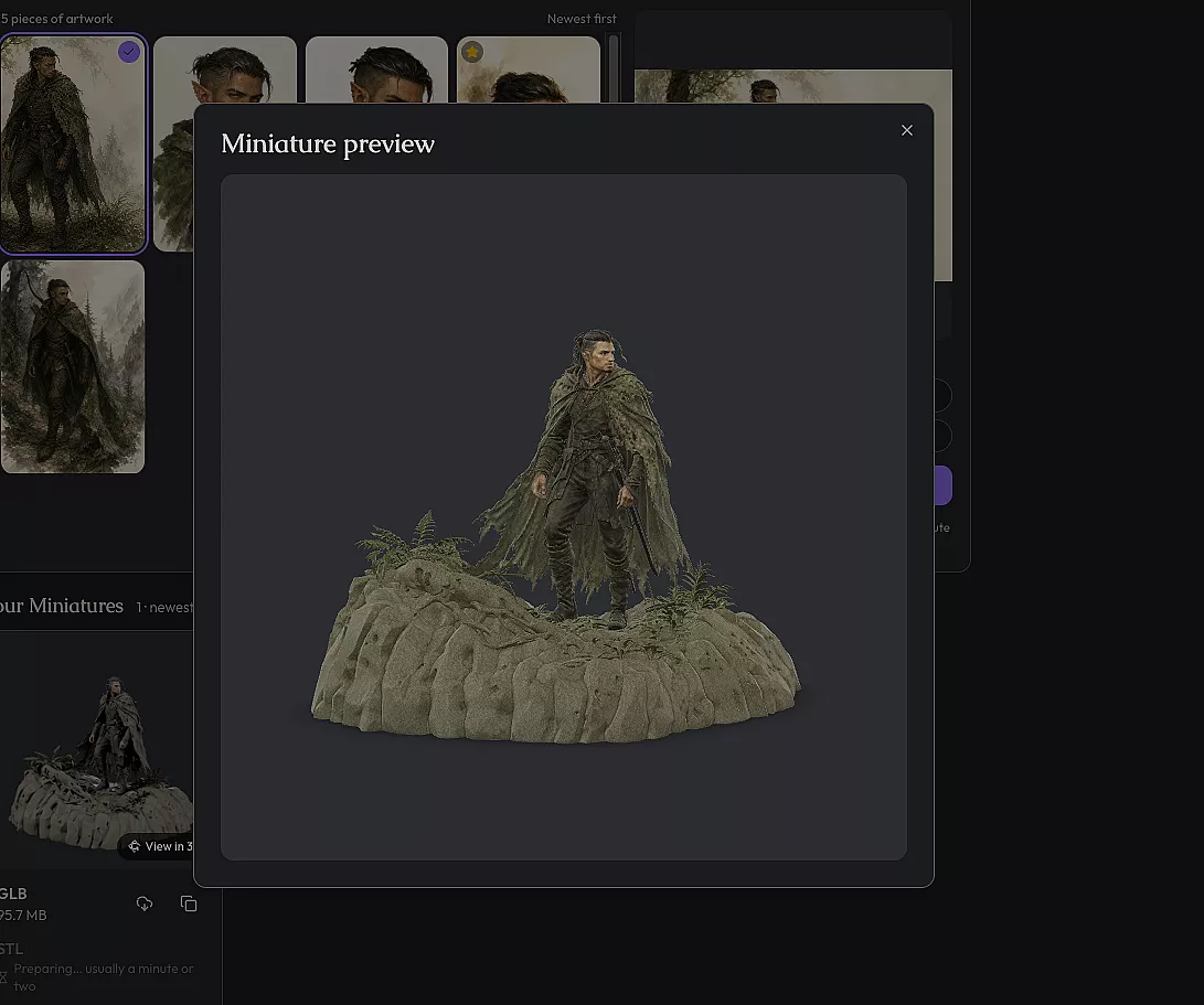 The Miniature preview dialog open with Kaelen Thornwood's 3D model rendered in the viewer
