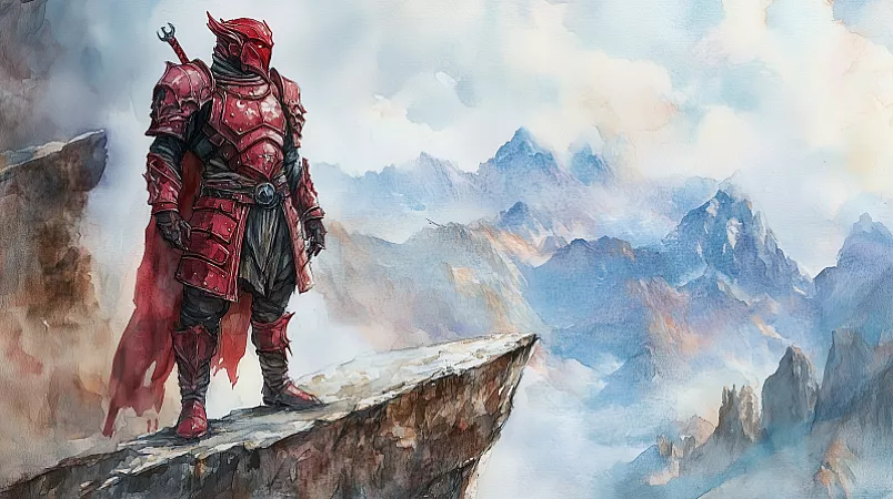 A dragonborn paladin standing in crimson armor on a clifftop