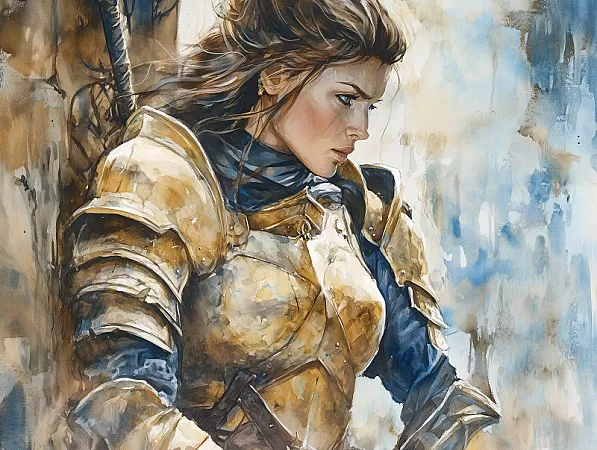 A clad in golden armor, a human paladin stares down a dark dungeon passageway