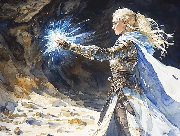 An elven paladin castings a brilliant blue spell in a well lit dungeon cave