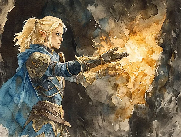 A blonde female paladin concentrates on casting her spirit guardians spell, wearing blue and gold gilded plate armor