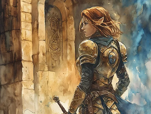 A female paladin wearing gold gilded armor with blue padding stands tall in an ancient temple, her trusty sword swinging at her side