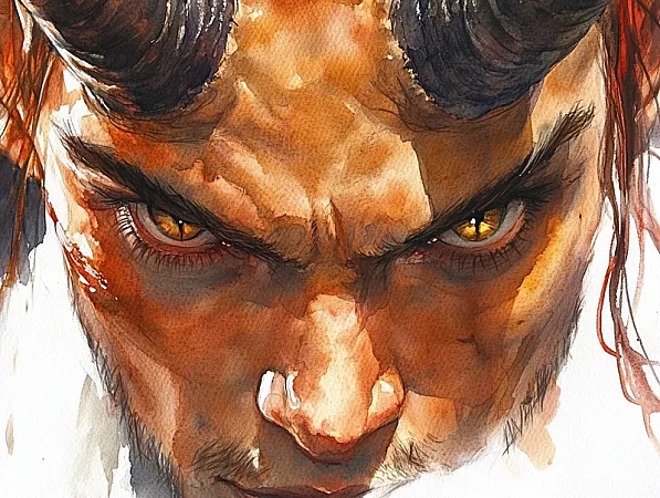 A close-up of a tiefling's face, focusing on their unique eyes and horns, symbolizing the duality of their nature