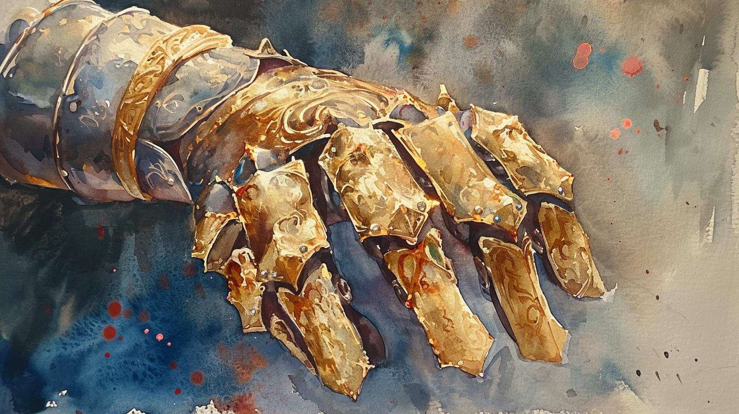 A golden pair of artificer armorer gauntlets on a watercolor background