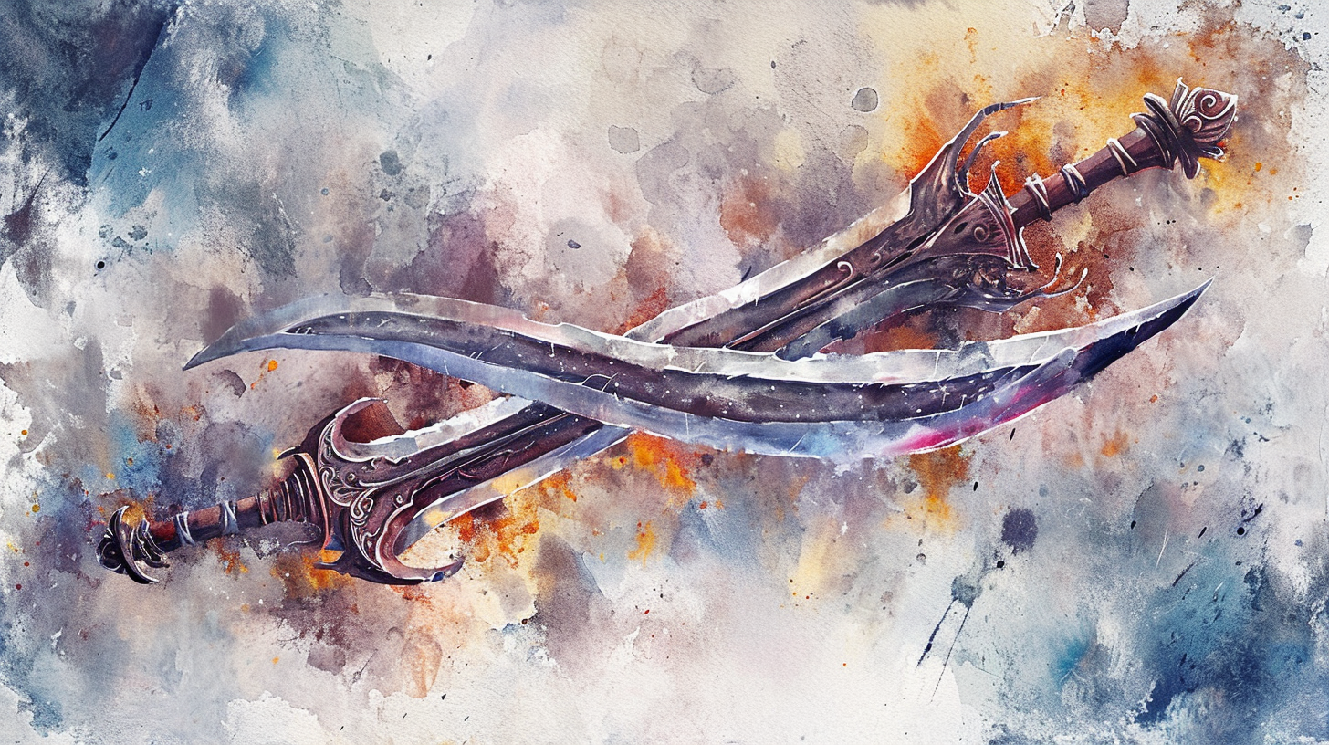 A dual pair of scimitars on a watercolor background