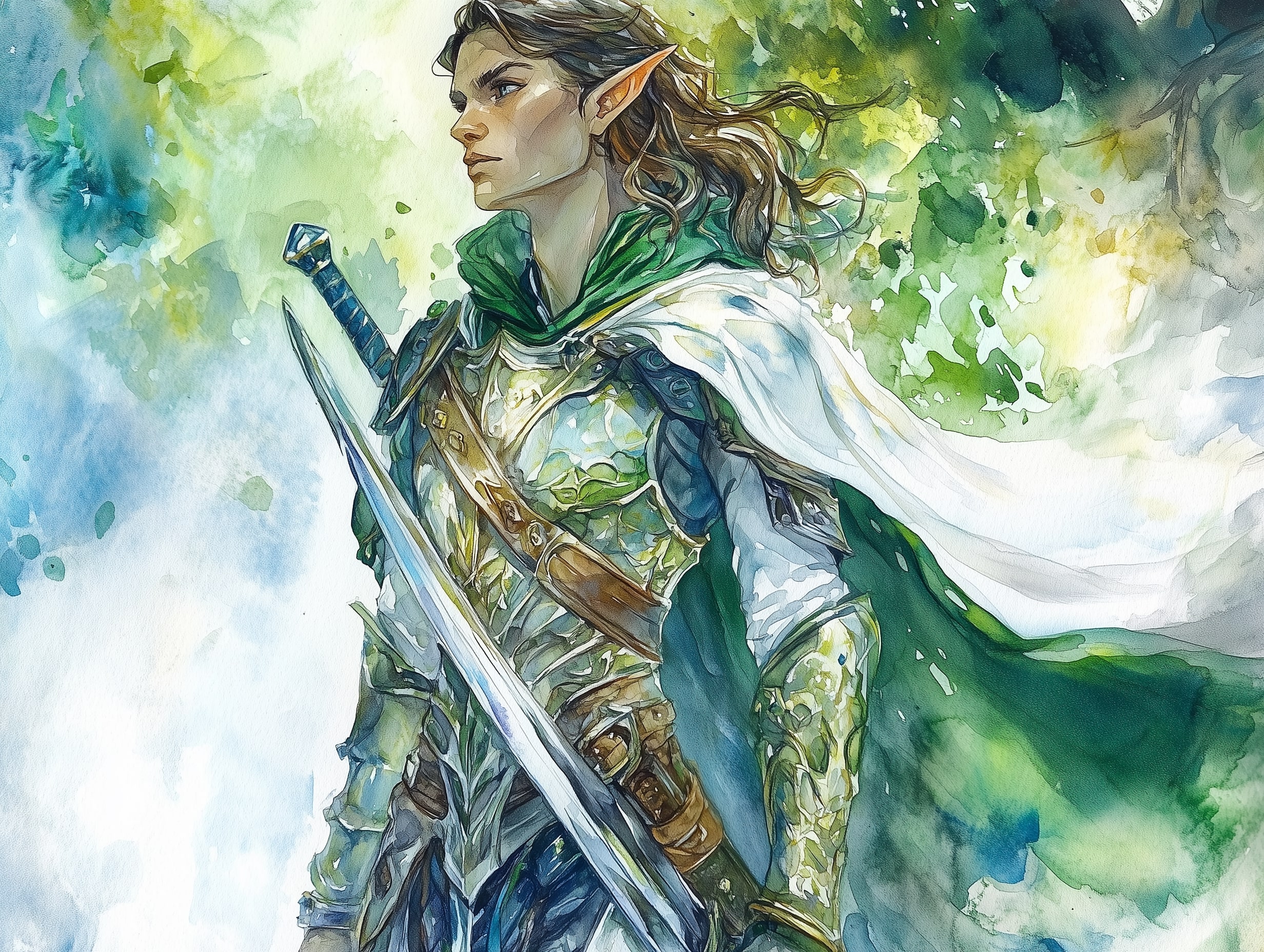 A female elf stands with her blade drawn in armor and cloak