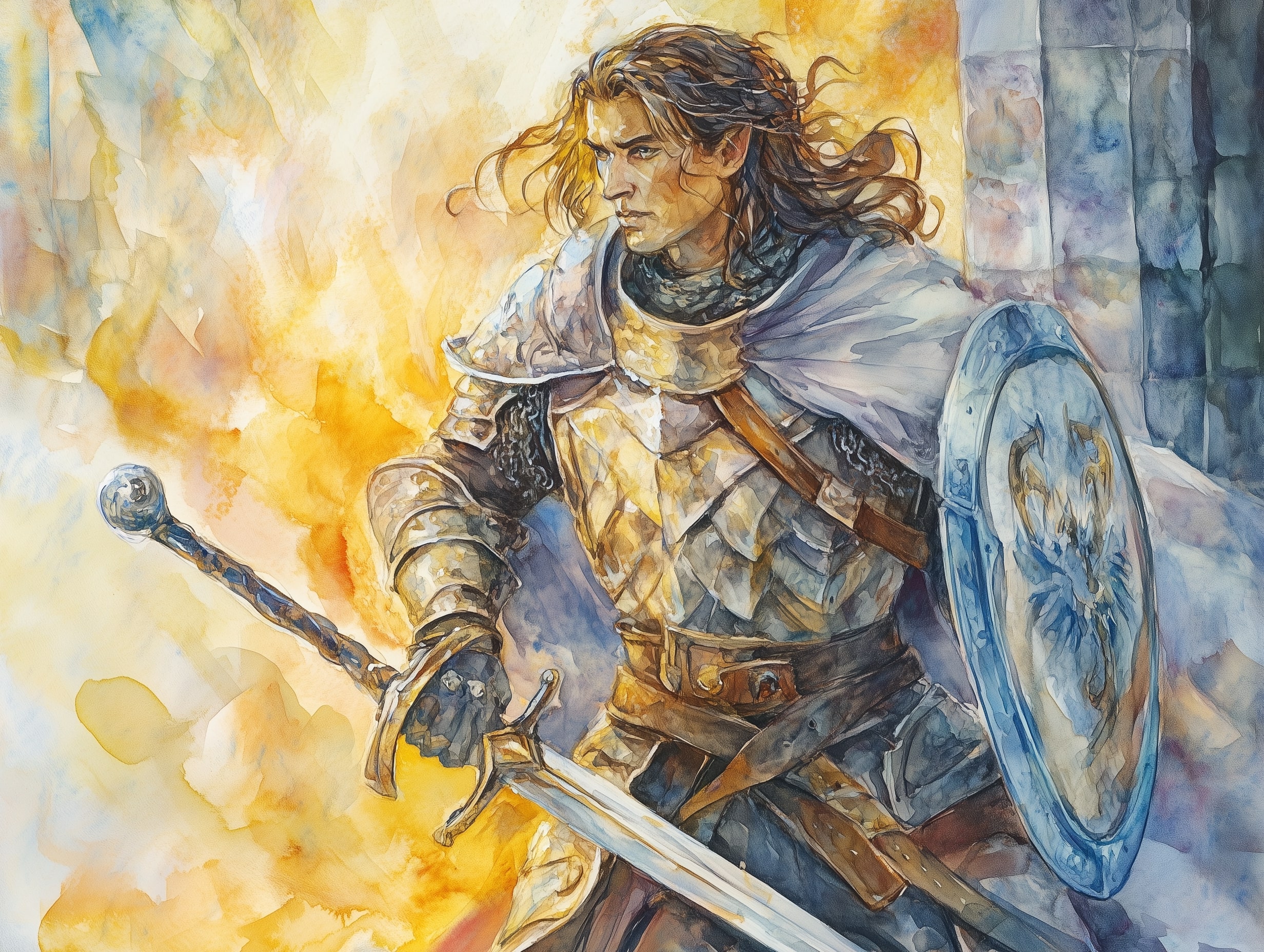 A human paladin stands with his blade drawn, ready for battle