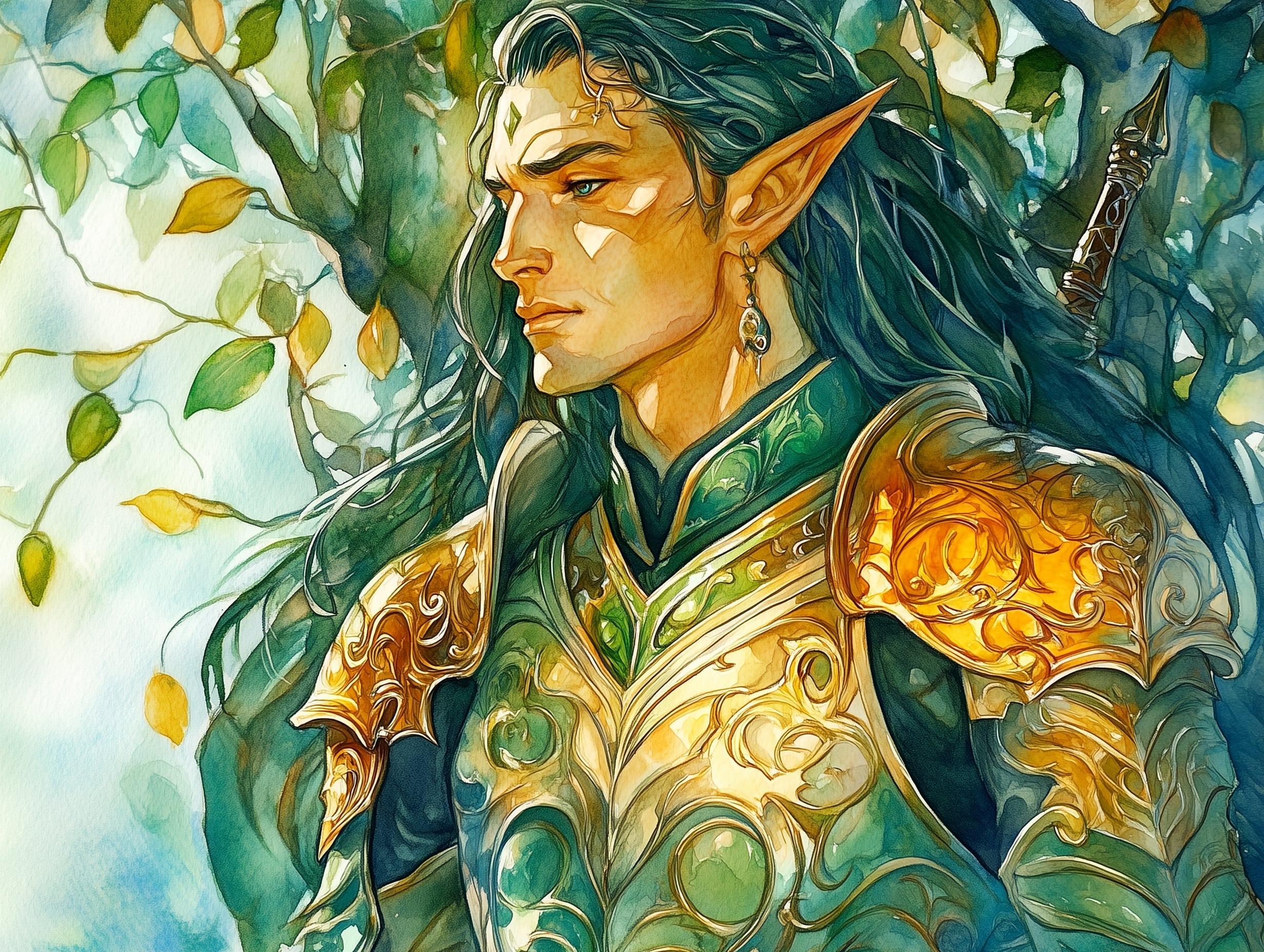 A beautiful elven paladin stands in golden armor surrounded by green leaves