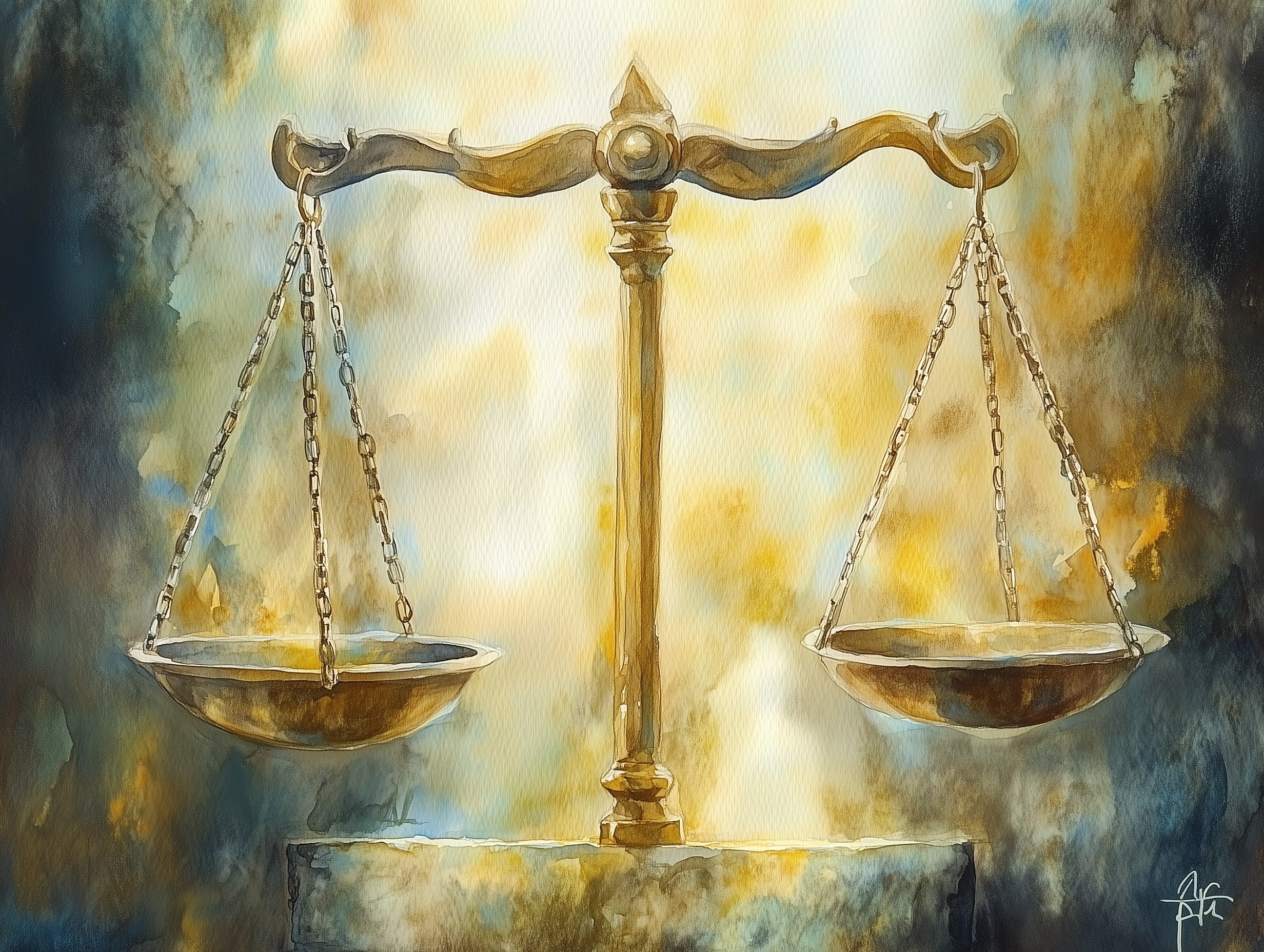 A watercolor painting of a set of scales being balanced