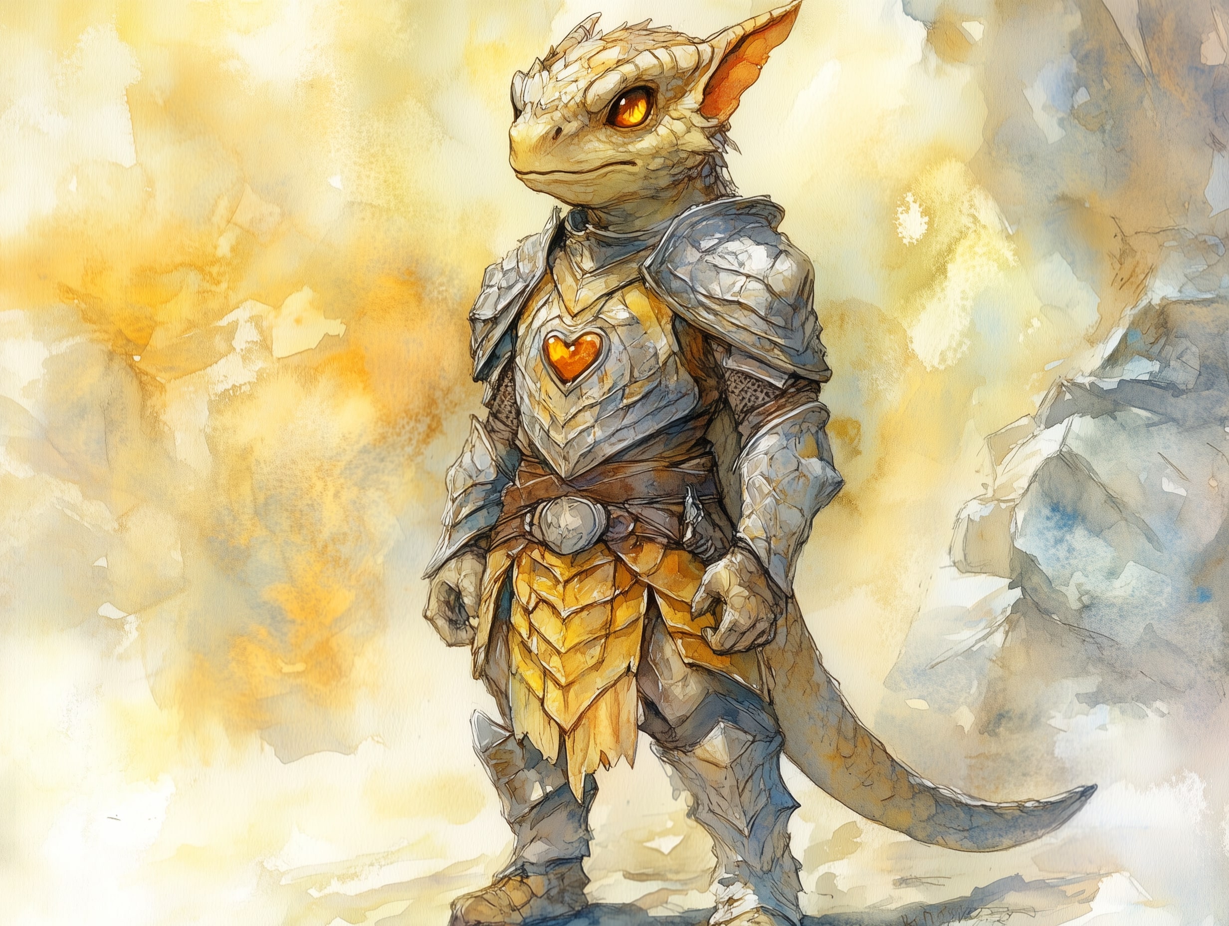 A small kobold stands in his tiny armor with a heart embossed into his chest