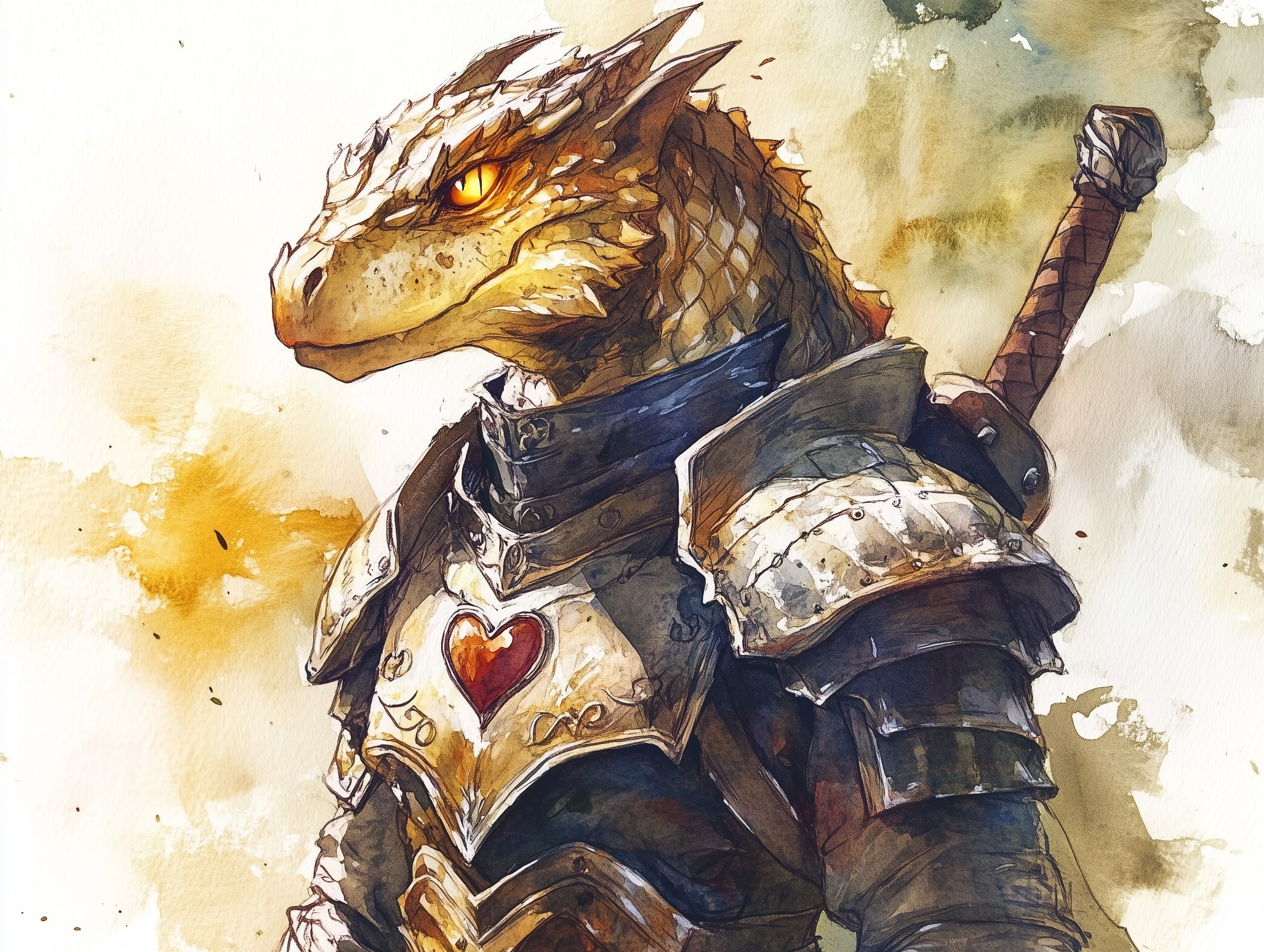 An adult kobold stands with a heart embossed breastplate, with one eye on the camera