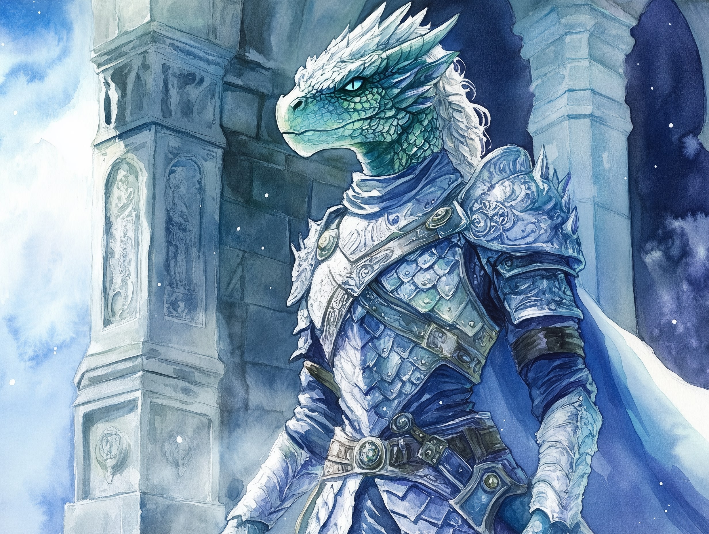 A dragonborn paladin stands in a silver and blue castle under the moonlight in her paladin armor