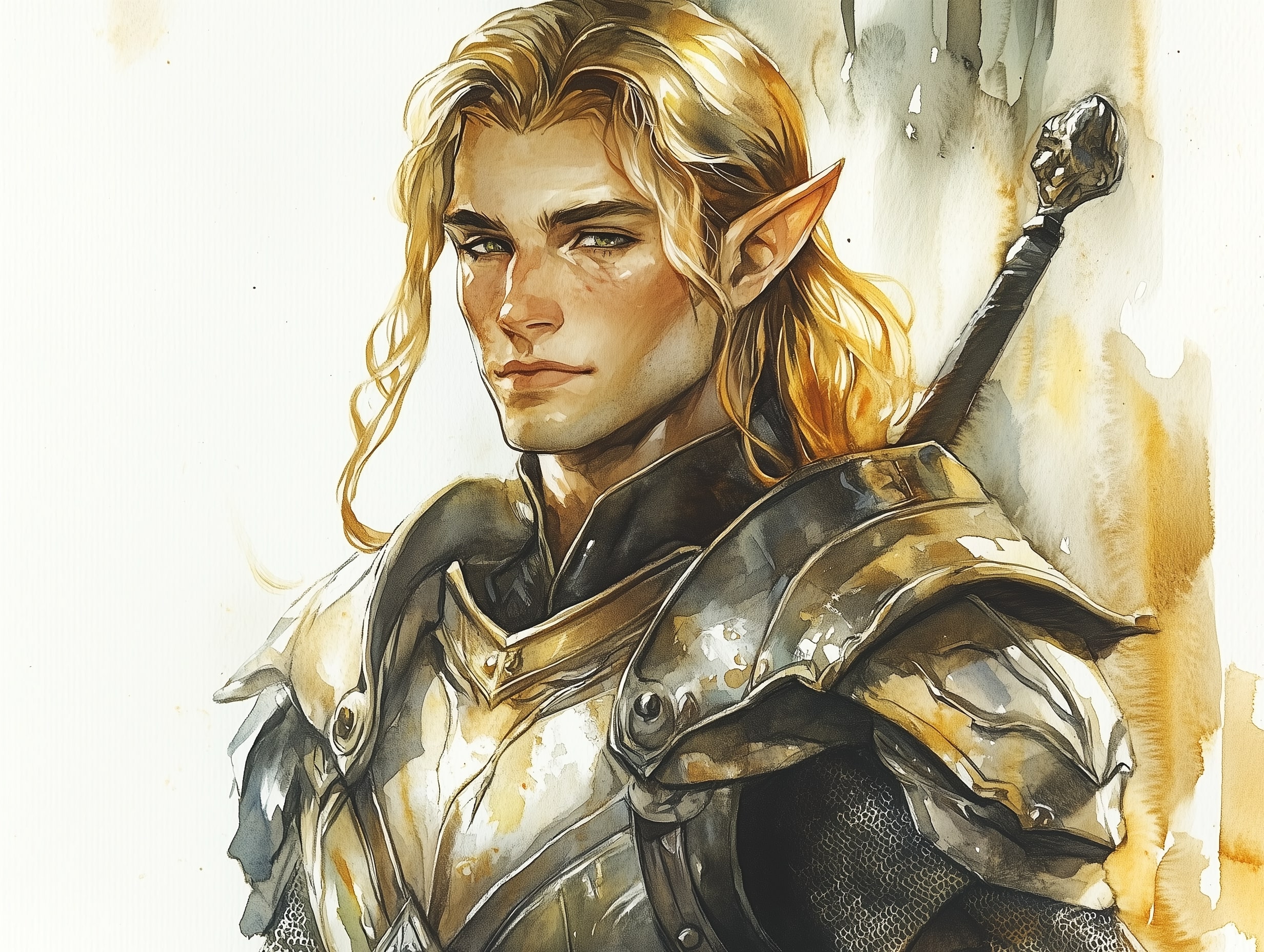 A beautiful young paladin elf, with curling locks of golden hair and a greatsword across his back