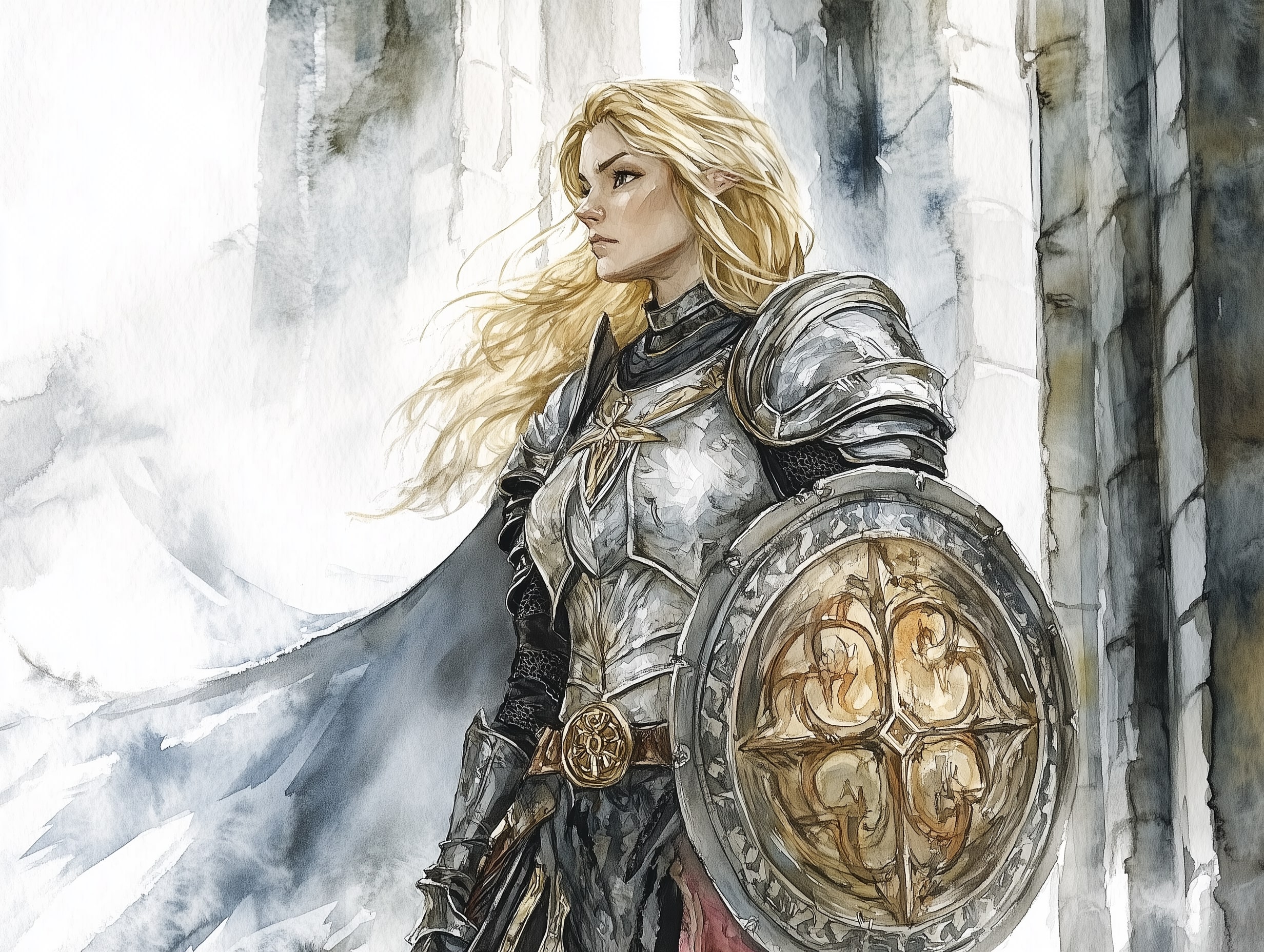 An aasimar paladin with silver hair stands in a high tower, glad in gleaming armor