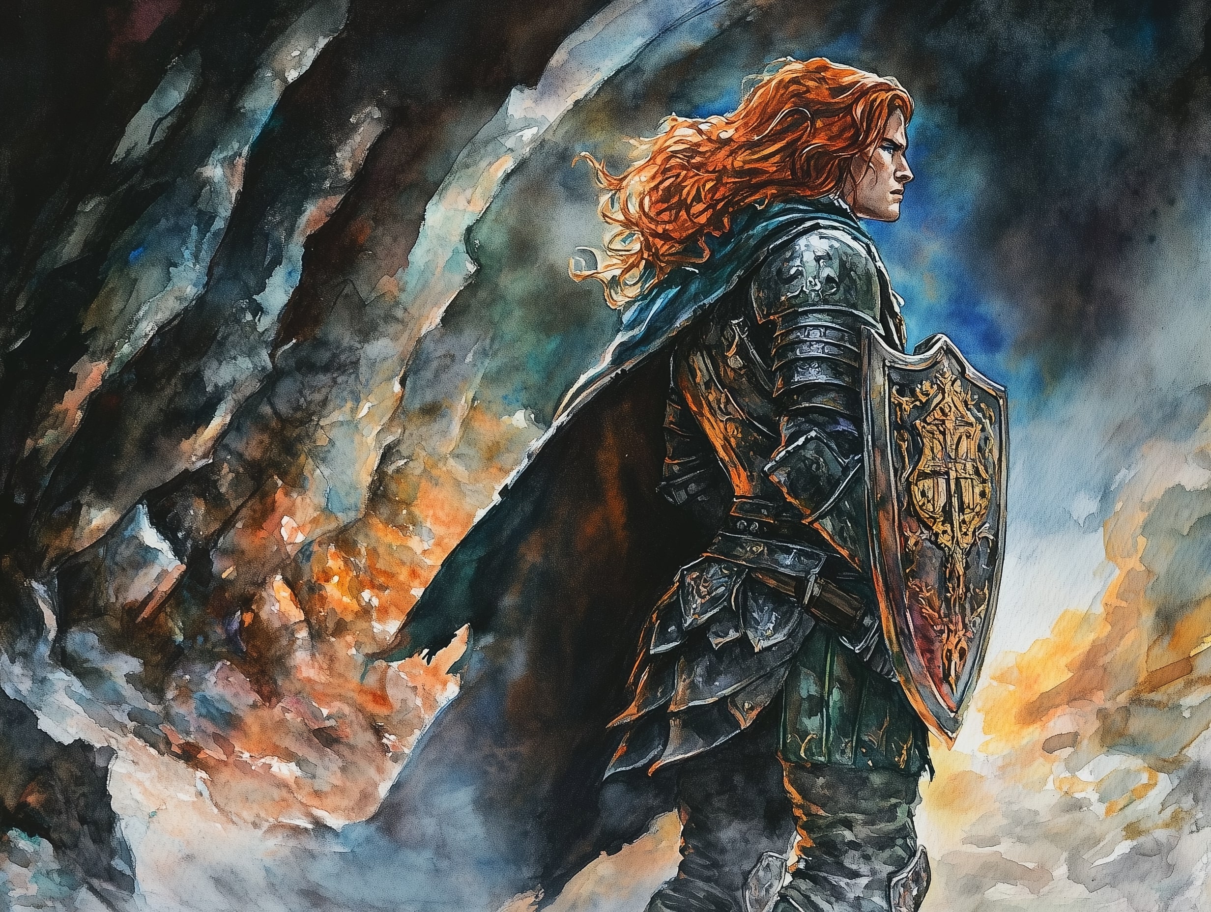 An amber haired paladin stands wearing her gleaming dark armor in a dark cave, cloak flowing down her back