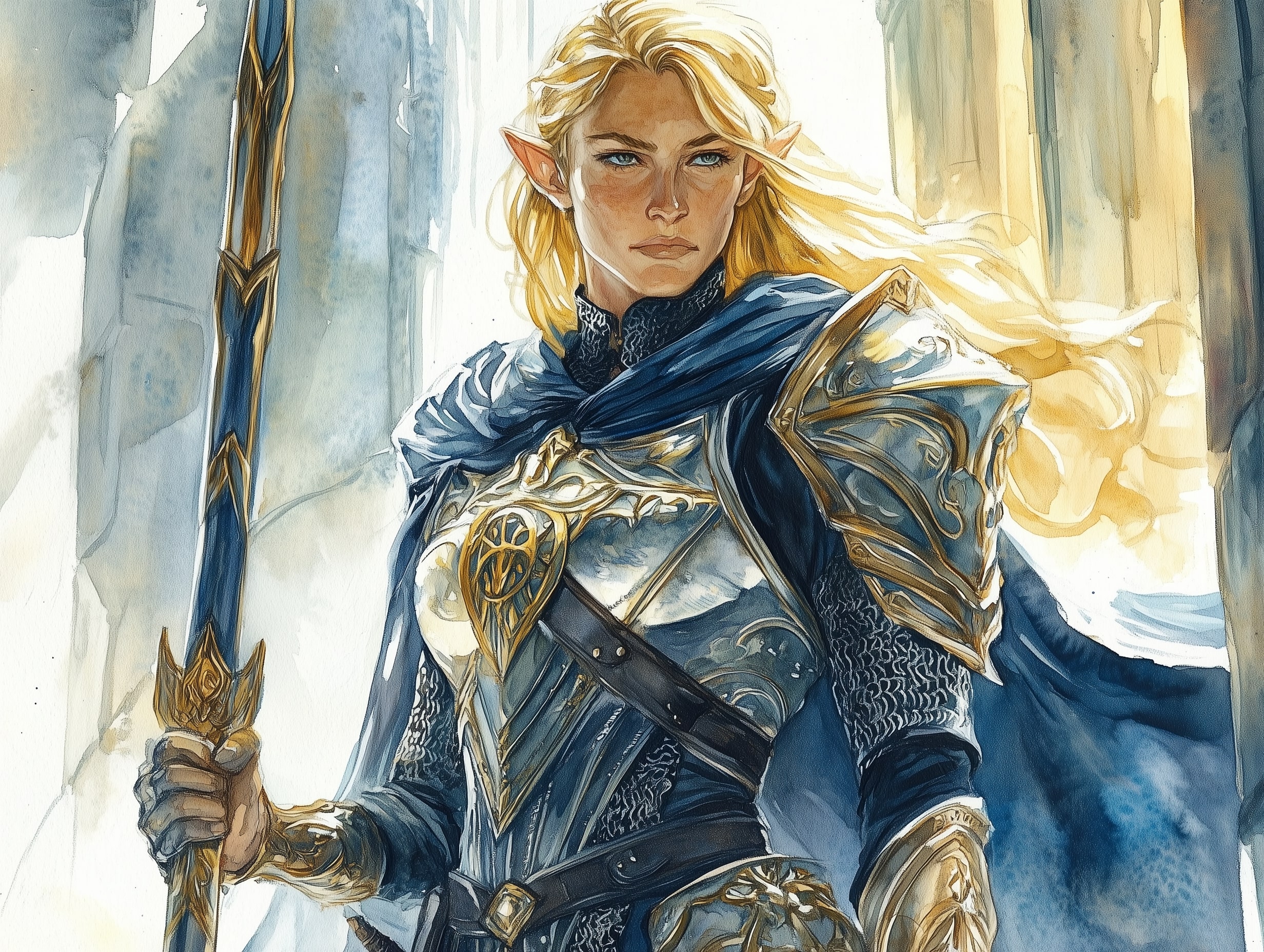 A half-elf paladin with shining golden hair grips her holy spear, with a shining holy emblem on her chest