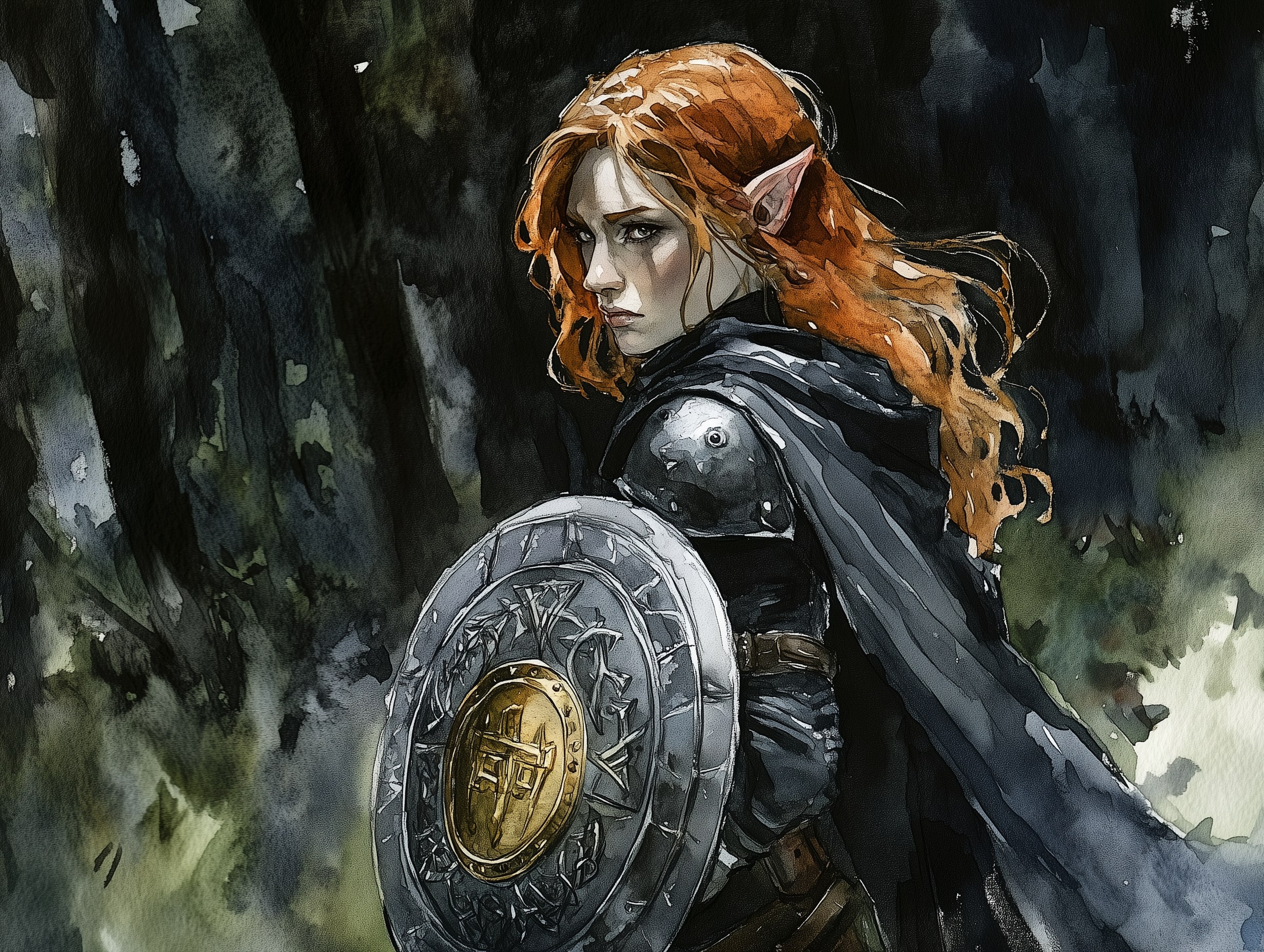 An amber haired half-elf paladin in dark iron armor stands ready for battle in a haunted forest