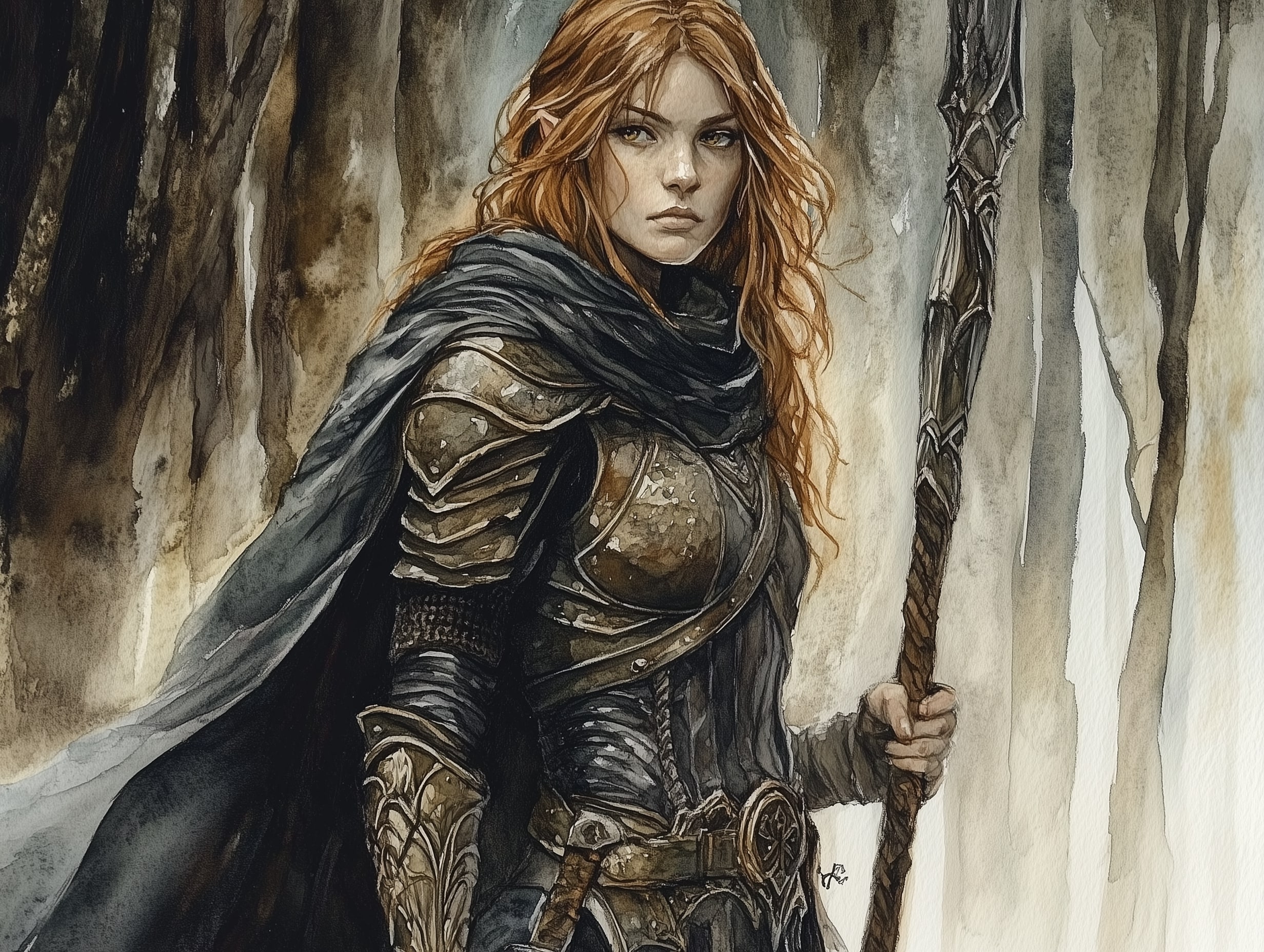 An amber haired paladin stands with her spear at the ready, dark cloak flowing down her back