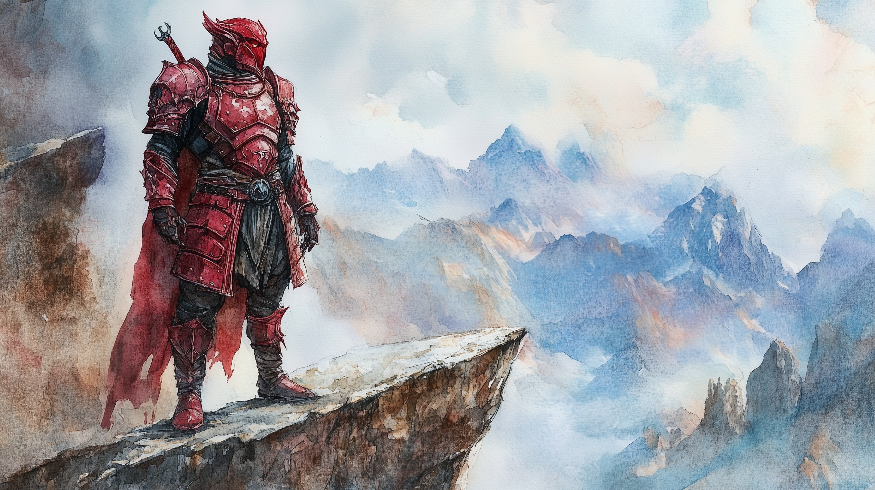 A dragonborn paladin clad in crimson armor stands atop a mountains cliff jutting out into the air