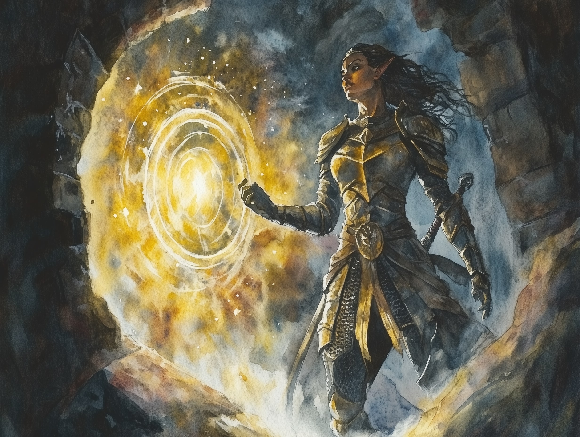 A variant human paladin casts a portal spell in a dark cave