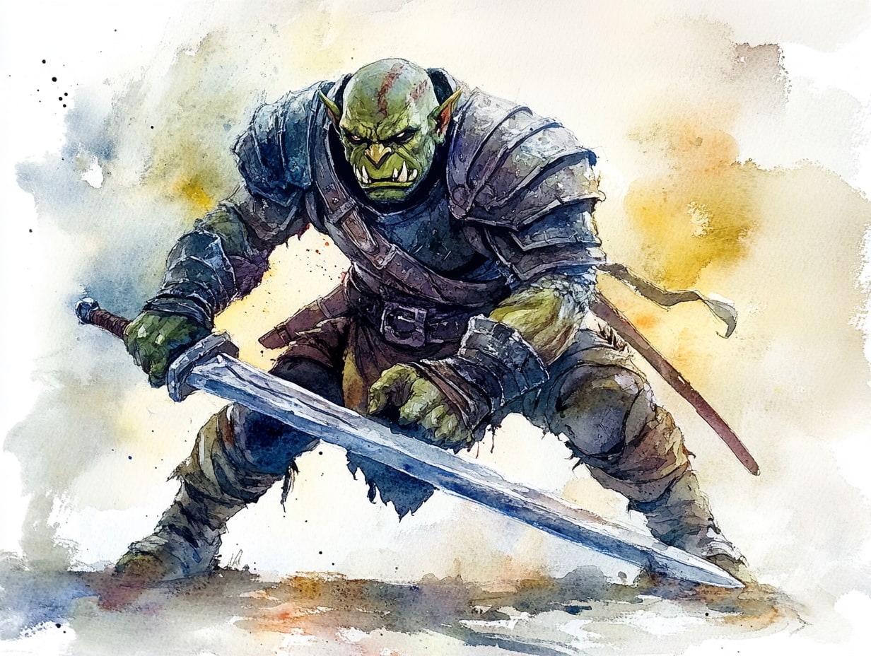 A half-orc paladin crouches with his blade at the ready, awaiting combat