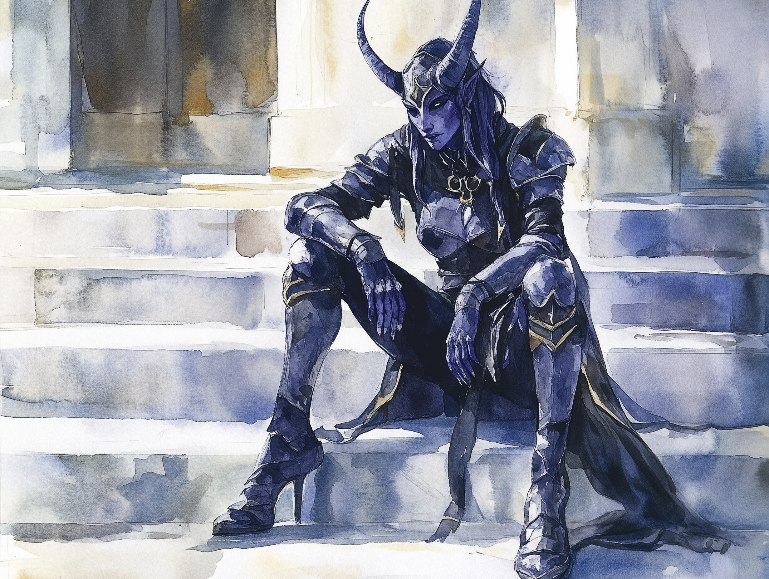 A sultry Tiefling paladin garbed in midnight leathers and plate armor sits on her order's temple steps, deep in thought