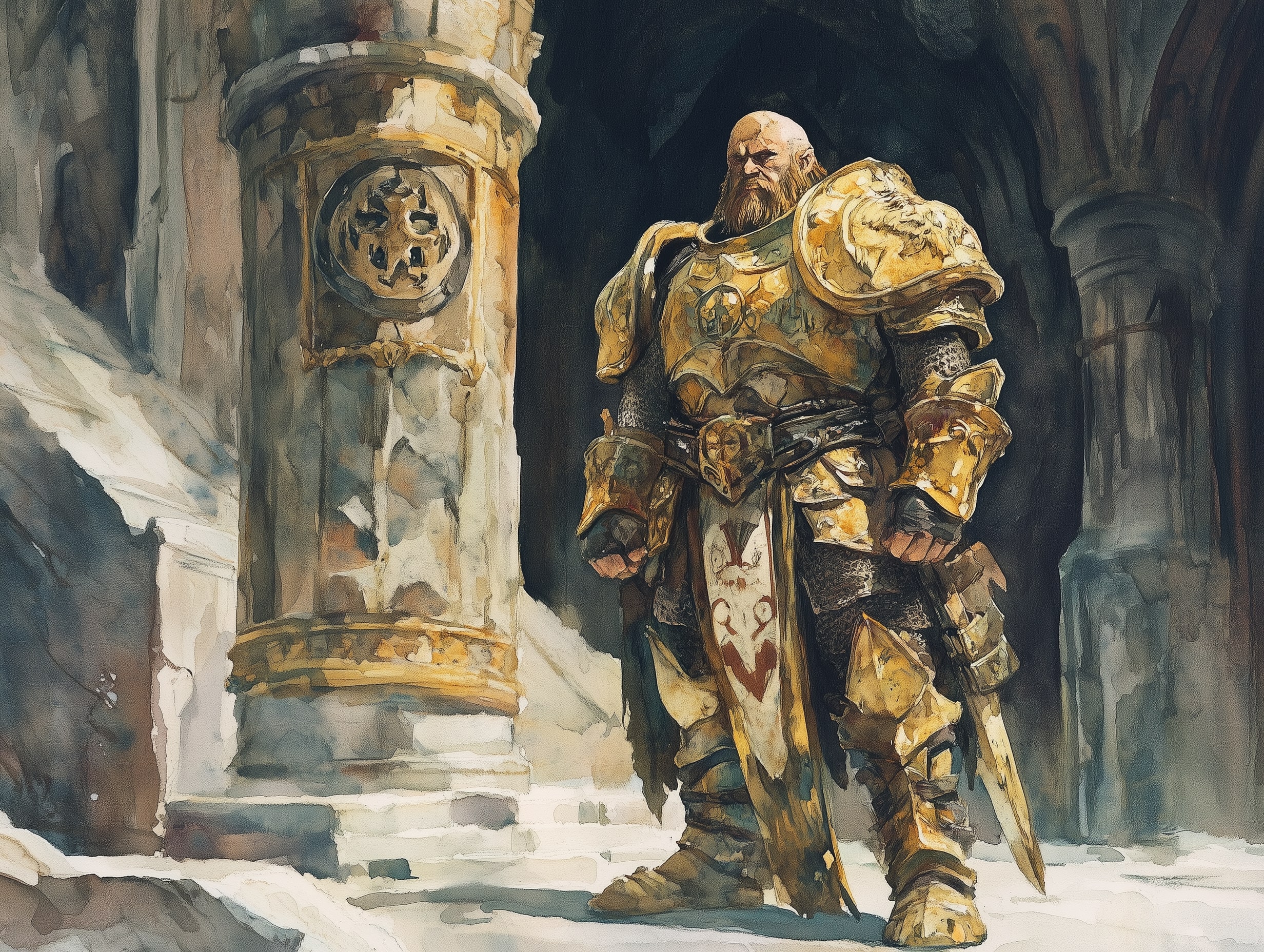 A proud dwarven paladin stands in his bulky gilded armor beside a towering stone column