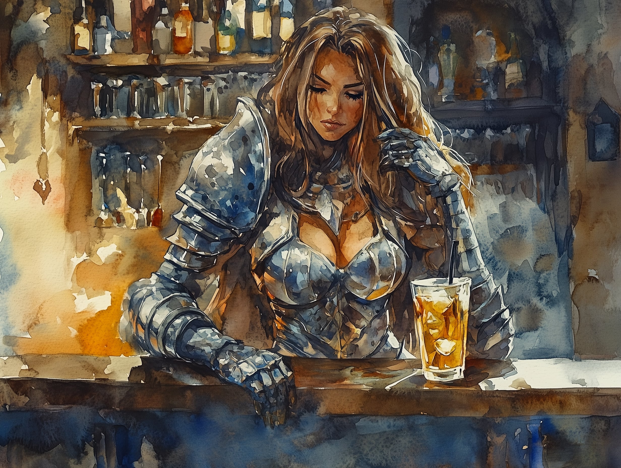 A female halfing paladin sits at a tavern bar, still dressed in her battle gear after a hard day of adventuring