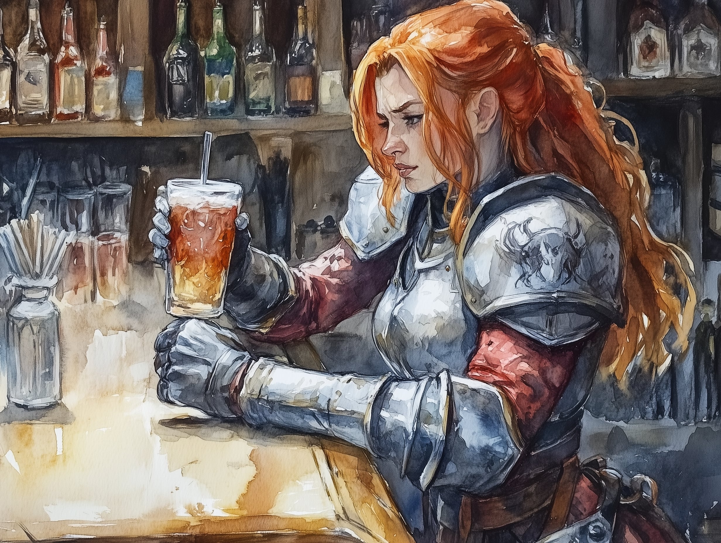 A female halfling paladin with ginger hair and silver plate armor sits drinking at a bar table