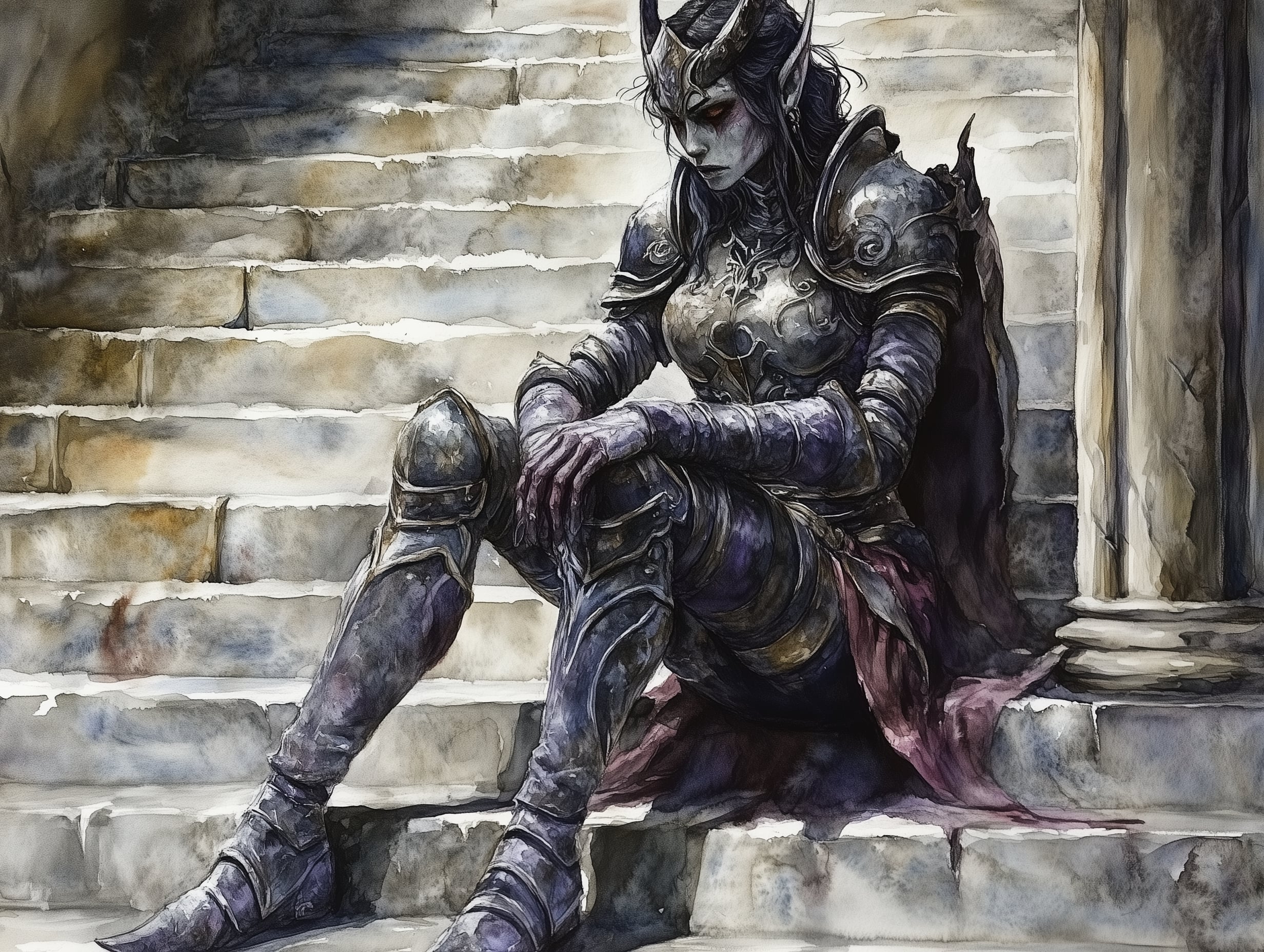 A brooding Zarielf Tiefling paladin sits in contemplation on the steps of a temple wearing her dark plate armor